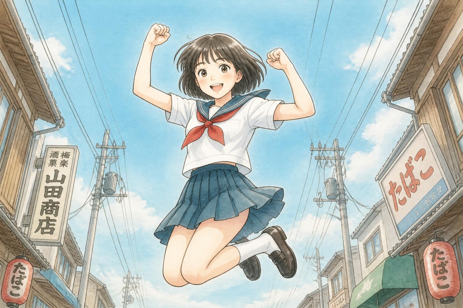 ジャンプしている女の子。肘を顔ぐらいまで上げて、膝を曲げている。地面からのアングル