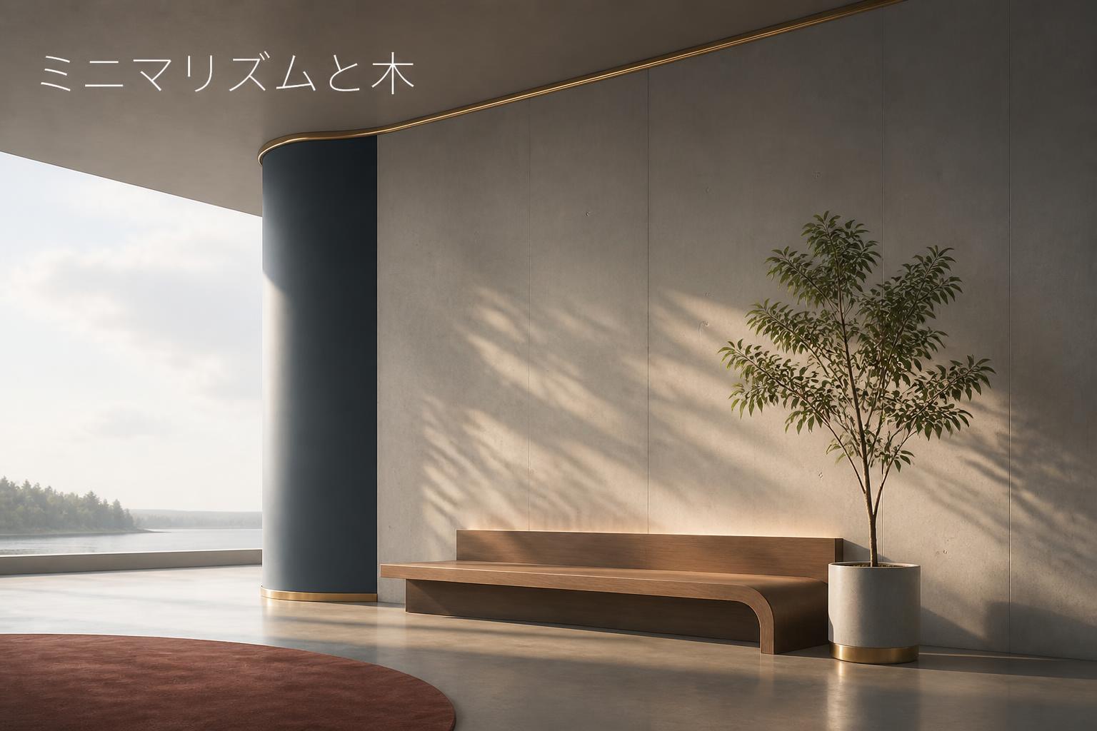 キャンプションで「ミニマリズムと木」。フォントを細めのゴシックで、左上に寄せて、大きめのフォン…