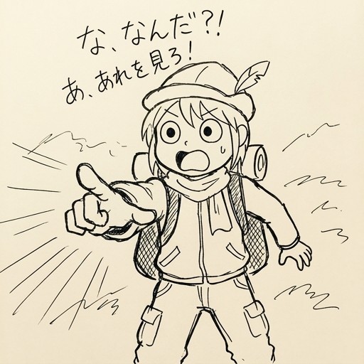 驚いて指をさしている冒険家を正面から