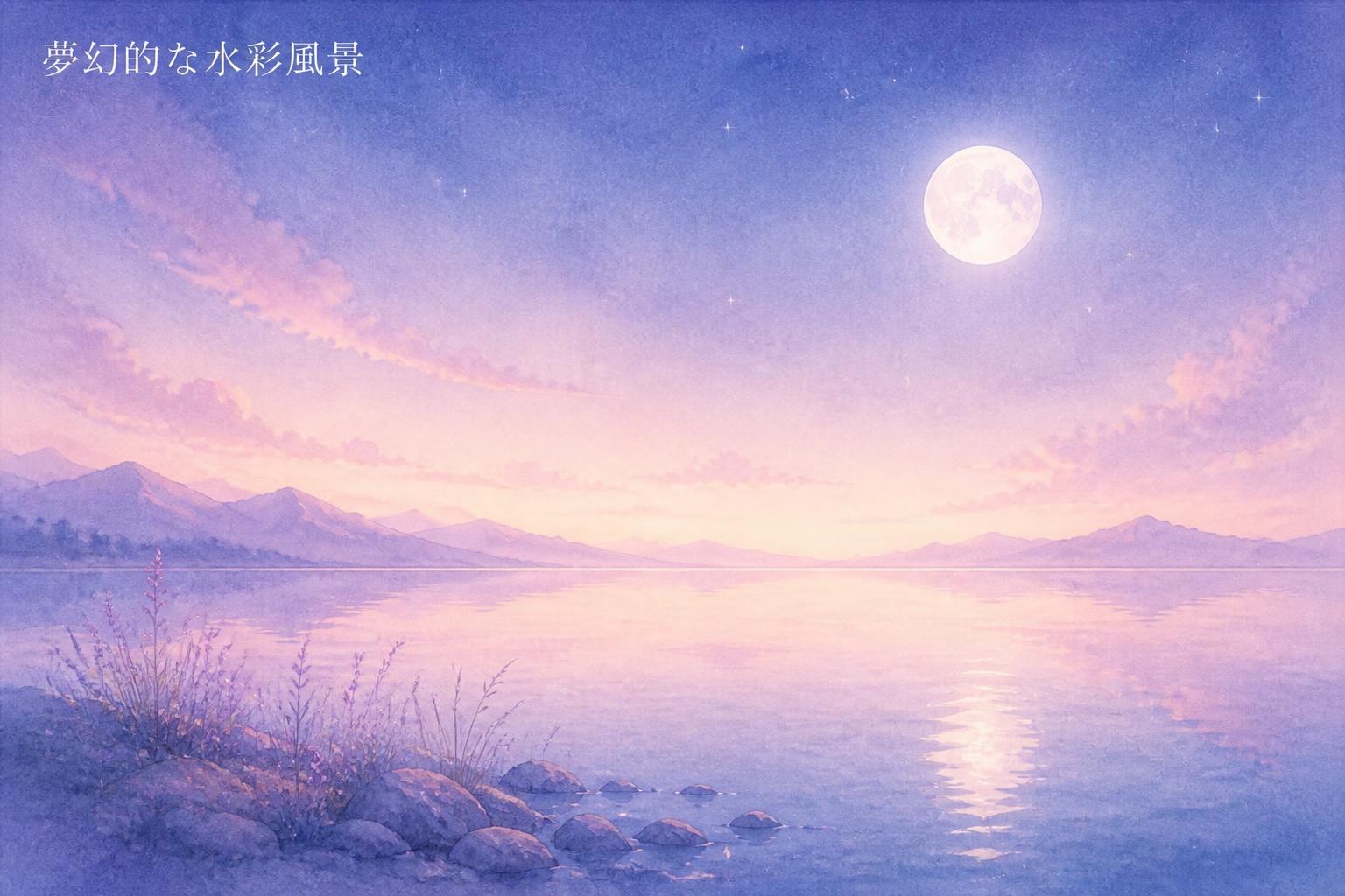 左上に明朝体で「夢幻的な水彩風景」とキャンプション。それ以外のテキストは無し。