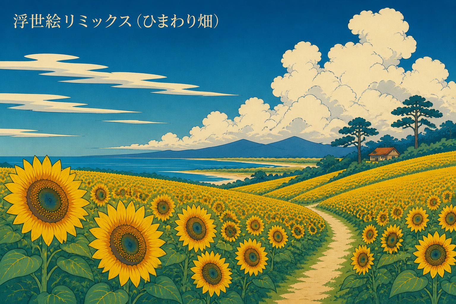 左上に明朝体で「浮世絵リミックス（ひまわり畑）」とキャンプション。それ以外のテキストは無し。