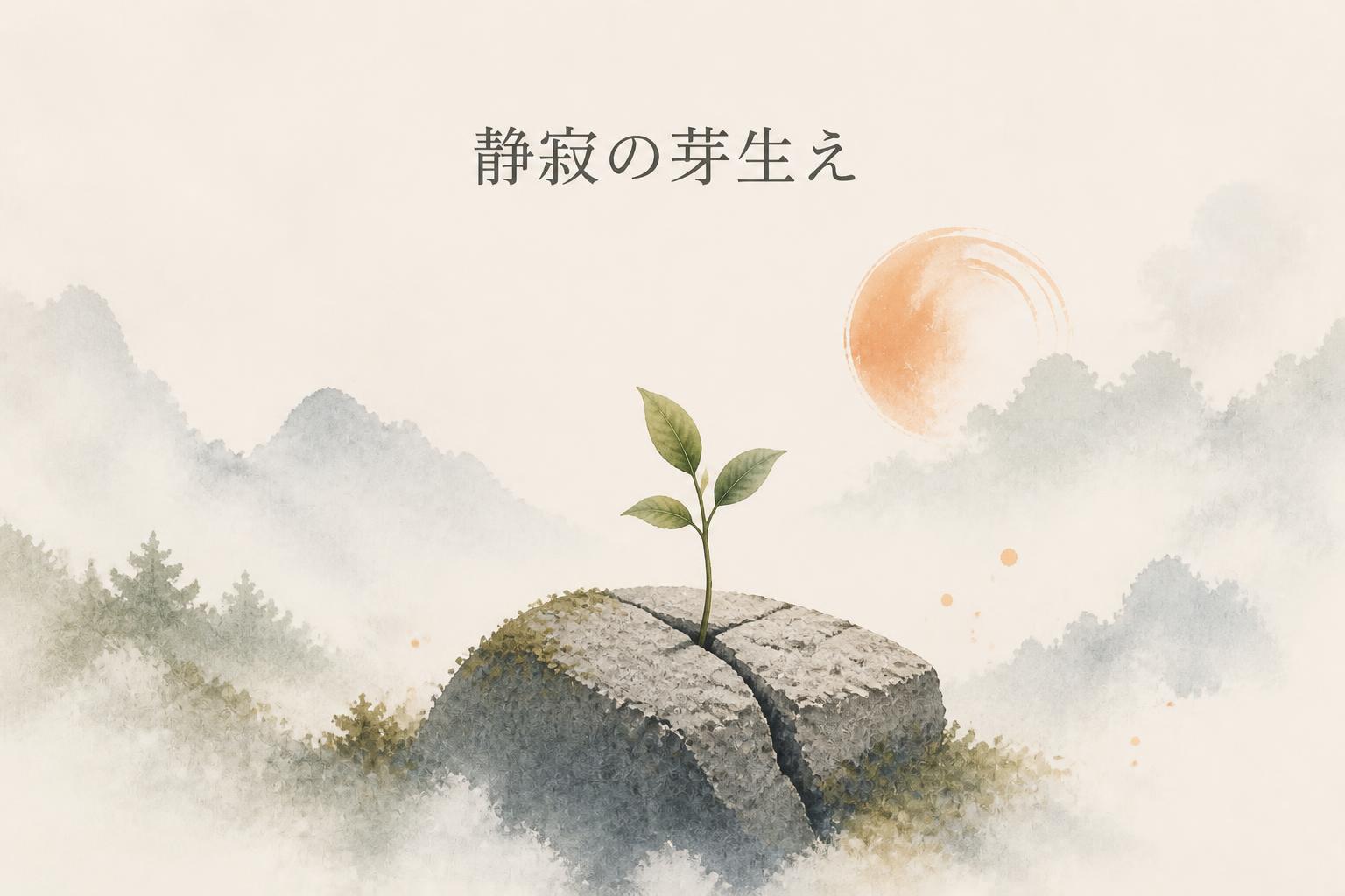 上中央に宋朝体で「静寂の芽生え」とキャンプション。それ以外のテキストは無し。
