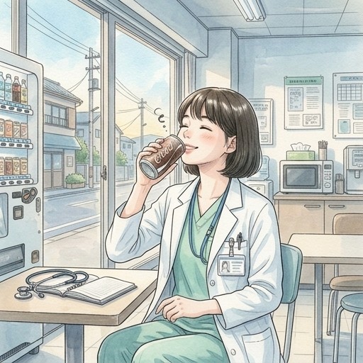 コーラを美味しそうに飲む夜勤明けの女医さん