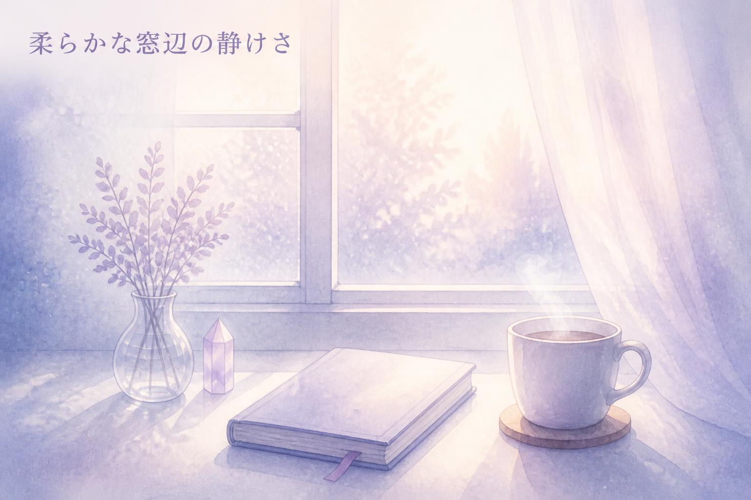 左上に明朝体で「柔らかな窓辺の静けさ」とキャンプション。それ以外のテキストは無し。