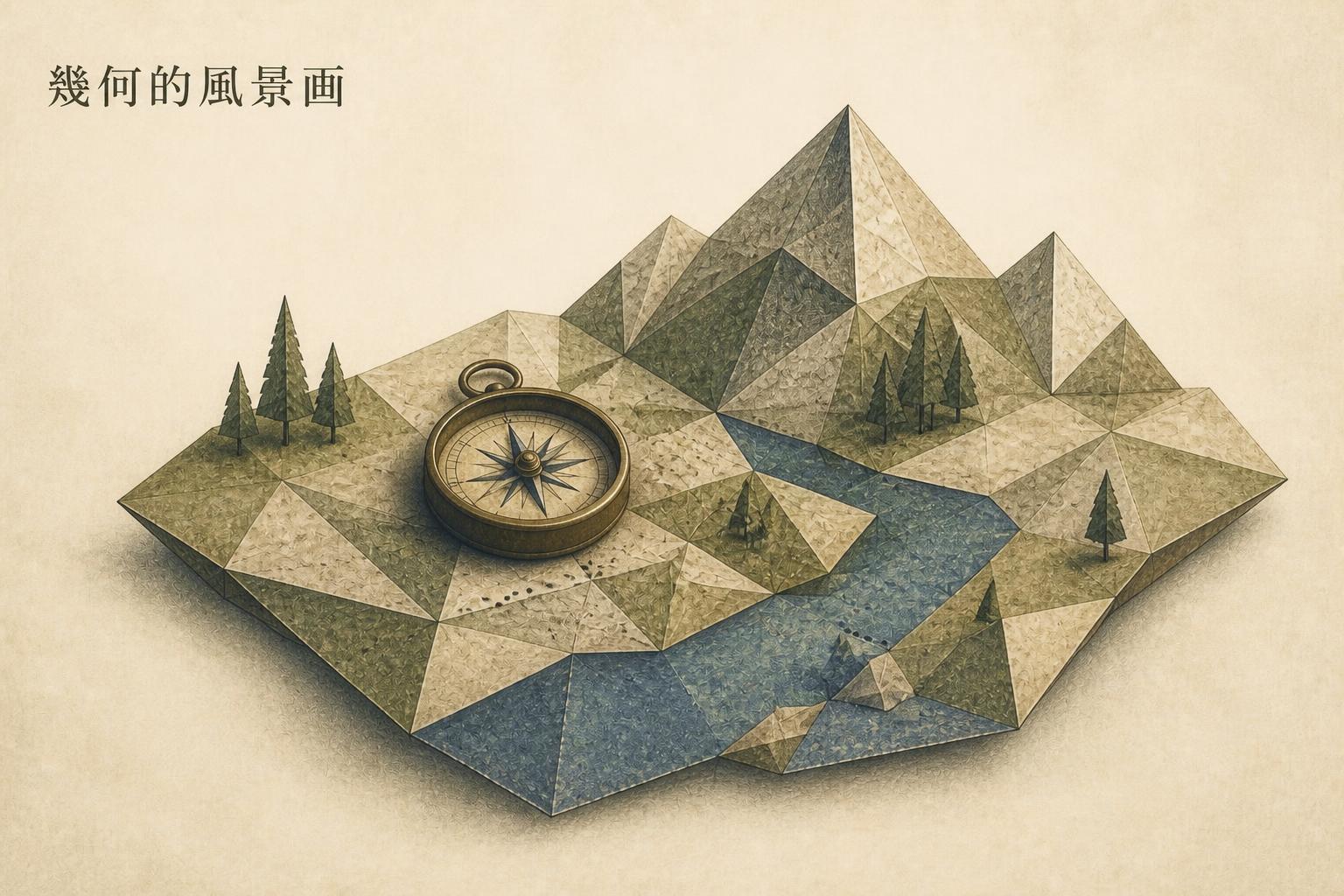 左上に明朝体で「幾何的風景画」とキャンプション。それ以外のテキストは無し。