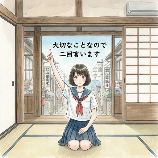 女の子が正座して、右手で天を指さしていて、真ん中にキャンプションで「大切なことなので二回言いま…