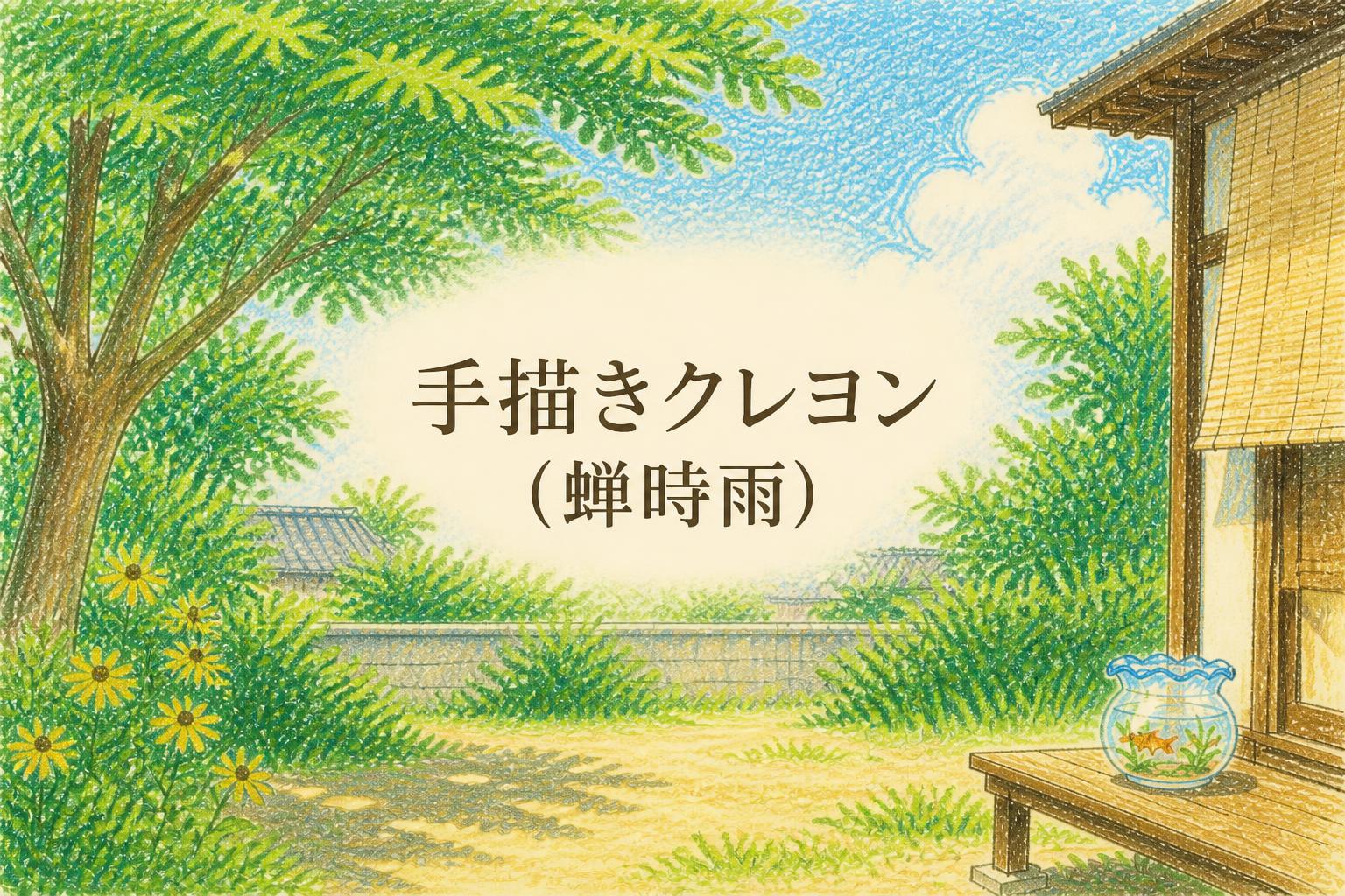 中央に明朝体で「手描きクレヨン（蝉時雨）」とキャンプション。それ以外のテキストは無し。