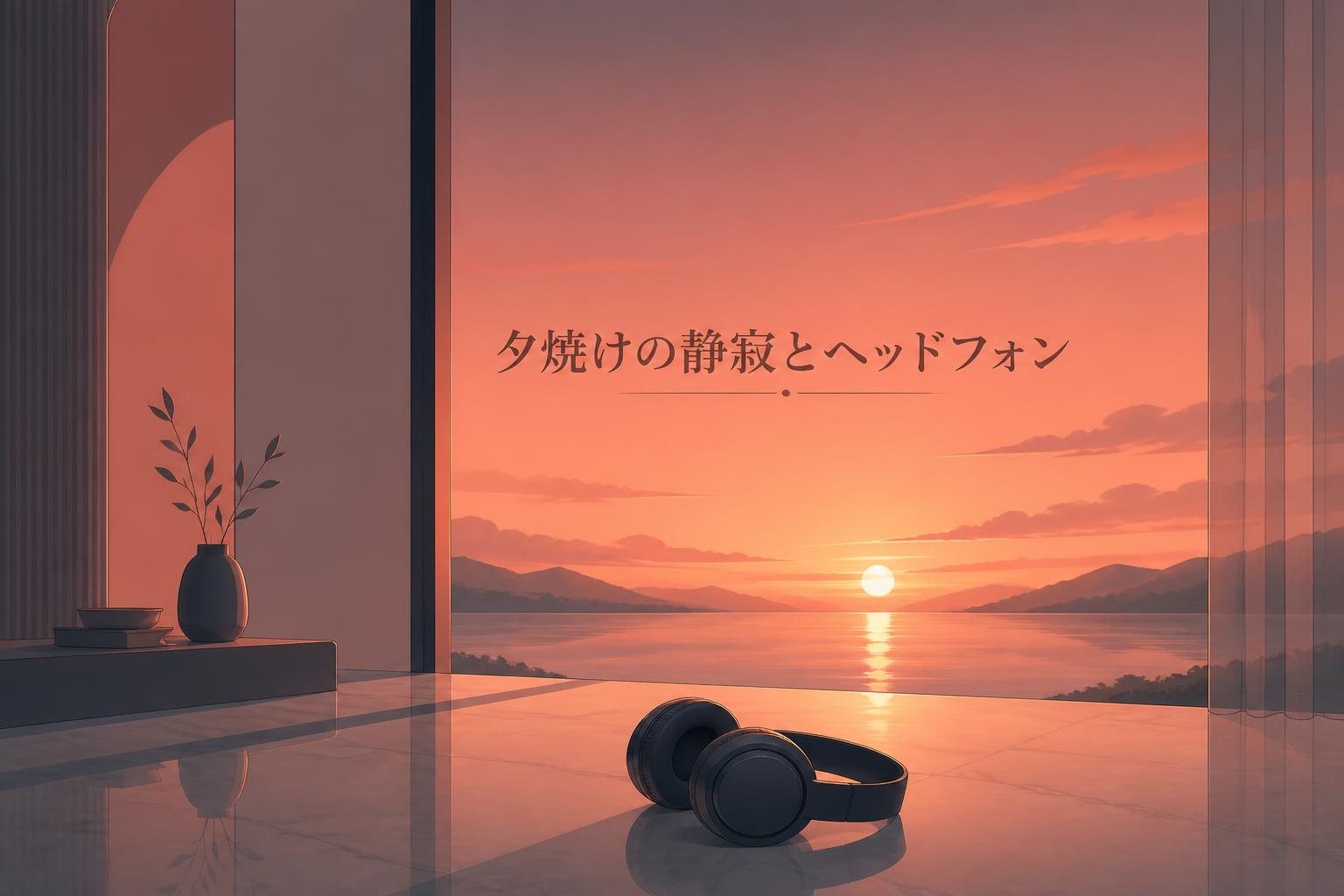 キャンプションで「夕焼けの静寂とヘッドフォン」をセンター上に。やや大きめで。