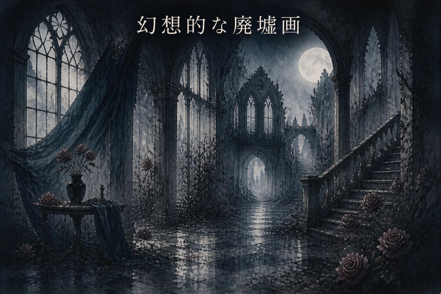 上中央に宋朝体で「幻想的な廃墟画」とキャンプション。それ以外のテキストは無し。