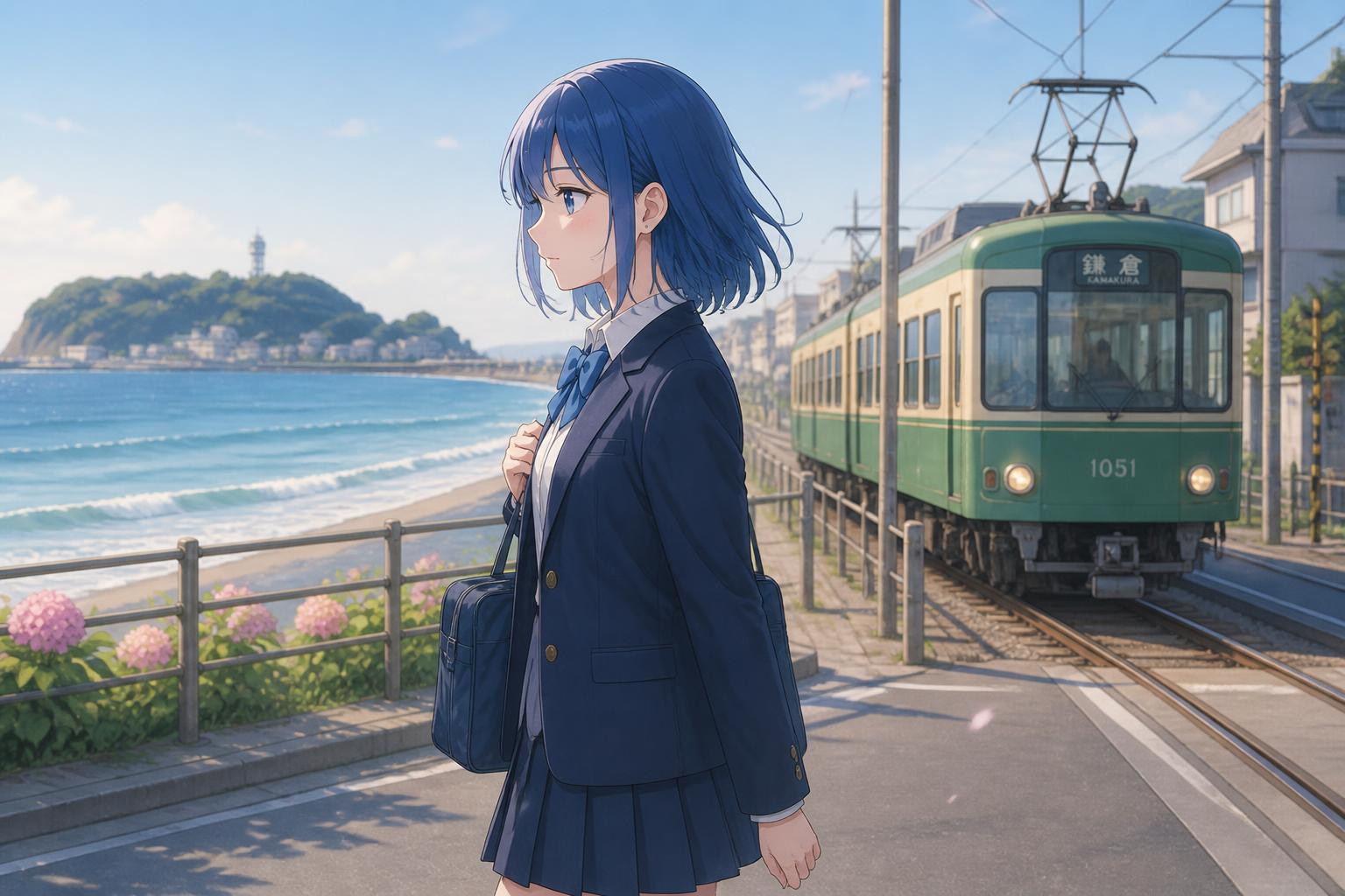 女の子が江ノ島から鎌倉に向けて歩いているところを横から見ている