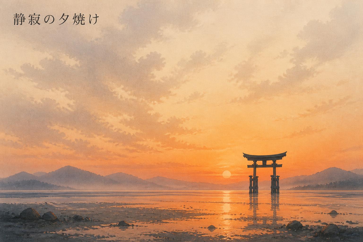 左上に明朝体で「静寂の夕焼け」とキャンプション。それ以外のテキストは無し。