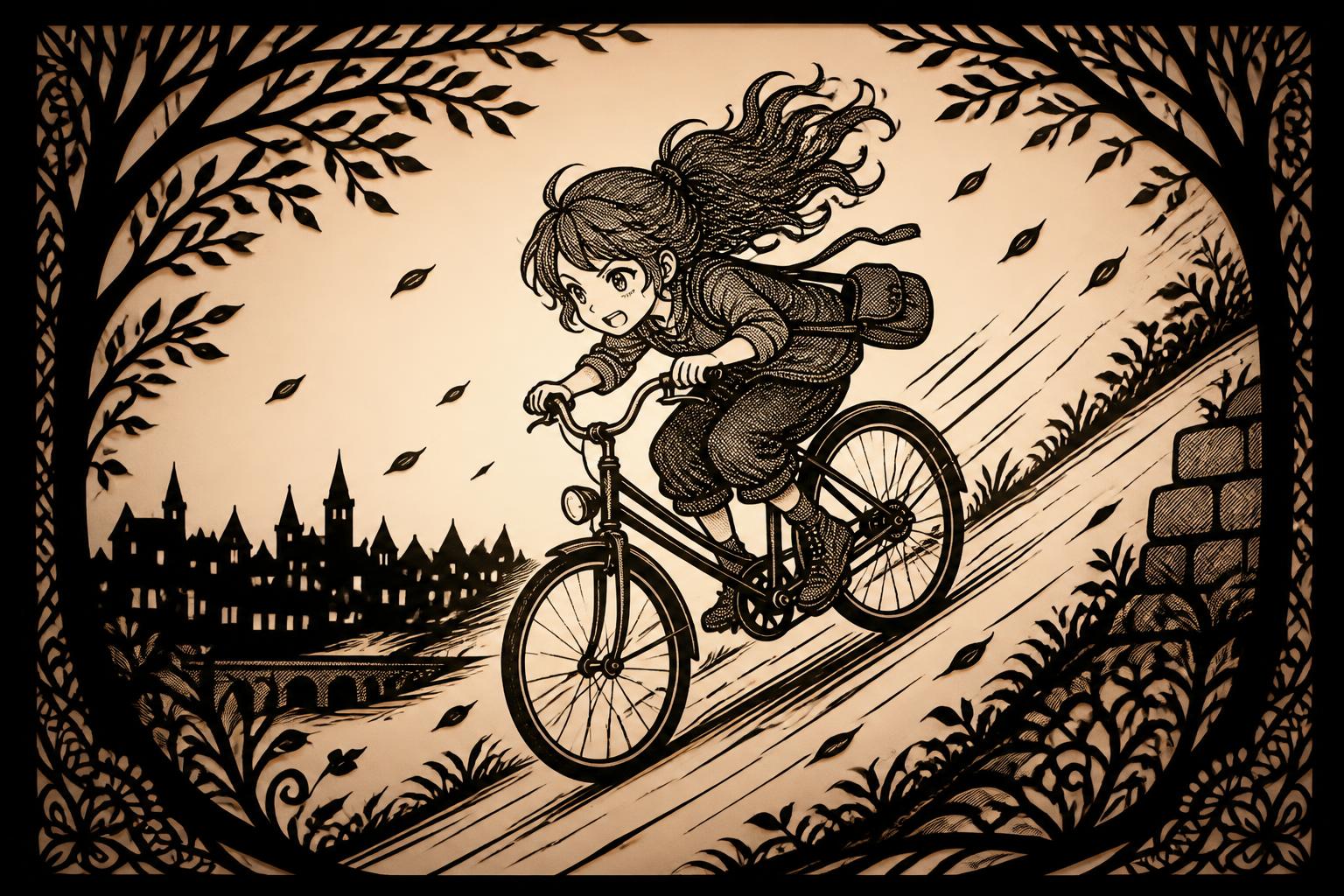 女の子が自転車に乗って坂道を下っている