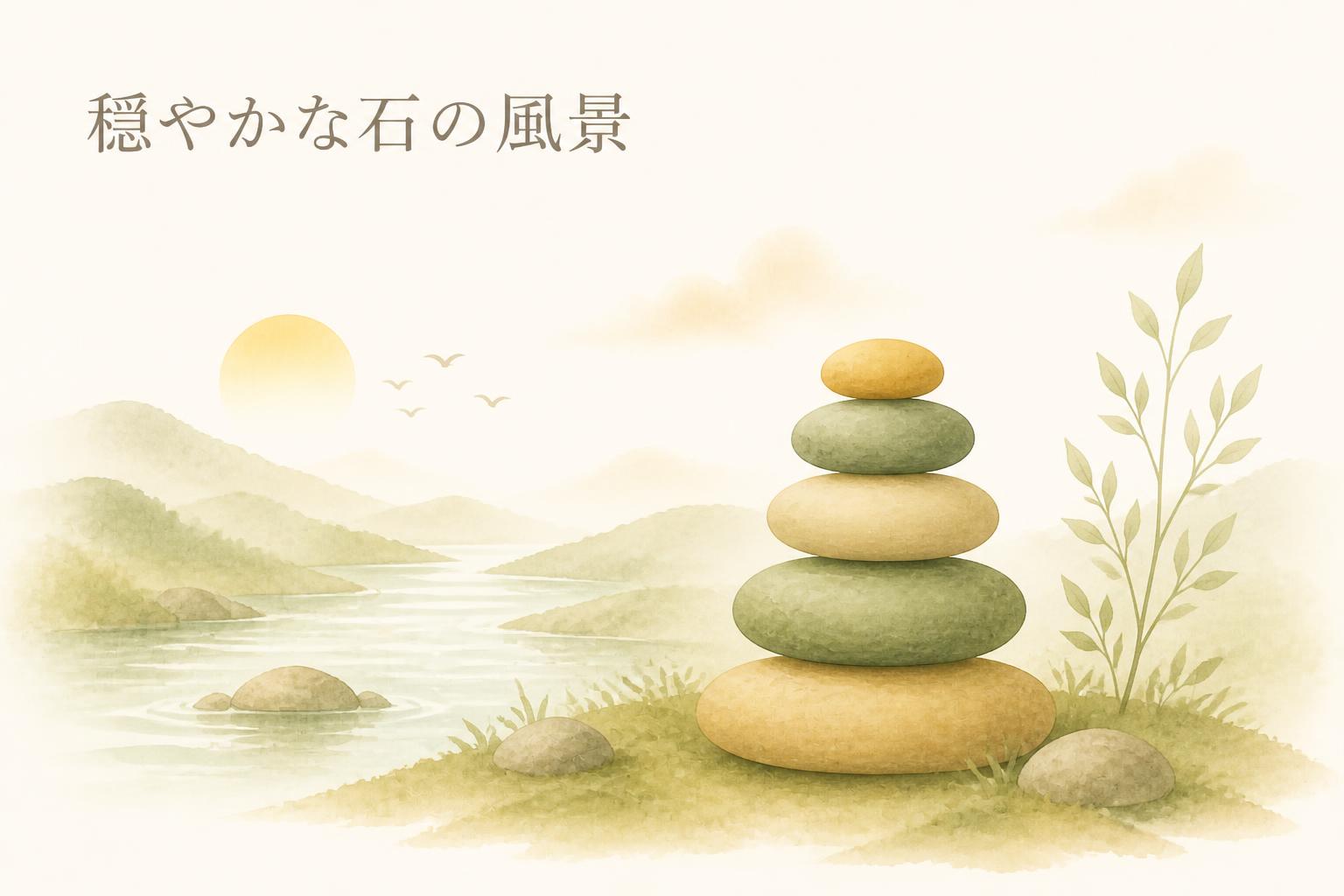 左上に明朝体で「穏やかな石の風景」とキャンプション