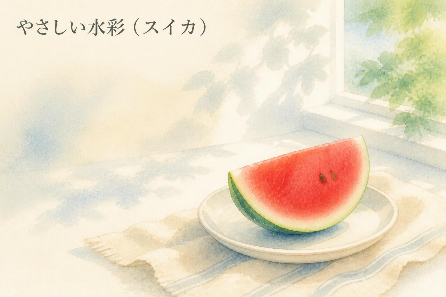 左上に宋朝体で「やさしい水彩（スイカ）」とキャンプション。それ以外のテキストは無し。