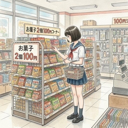 2個100円コーナーでお菓子を選んでいる女の子