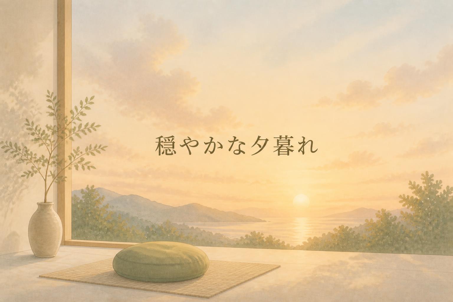 中央に明朝体で「穏やかな夕暮れ」とキャンプション。それ以外のテキストは無し。
