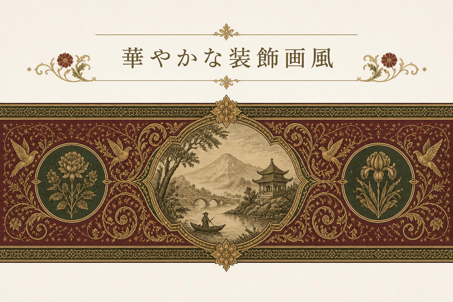 上中央に宋朝体で「華やかな装飾画風」とキャンプション。それ以外のテキストは無し。