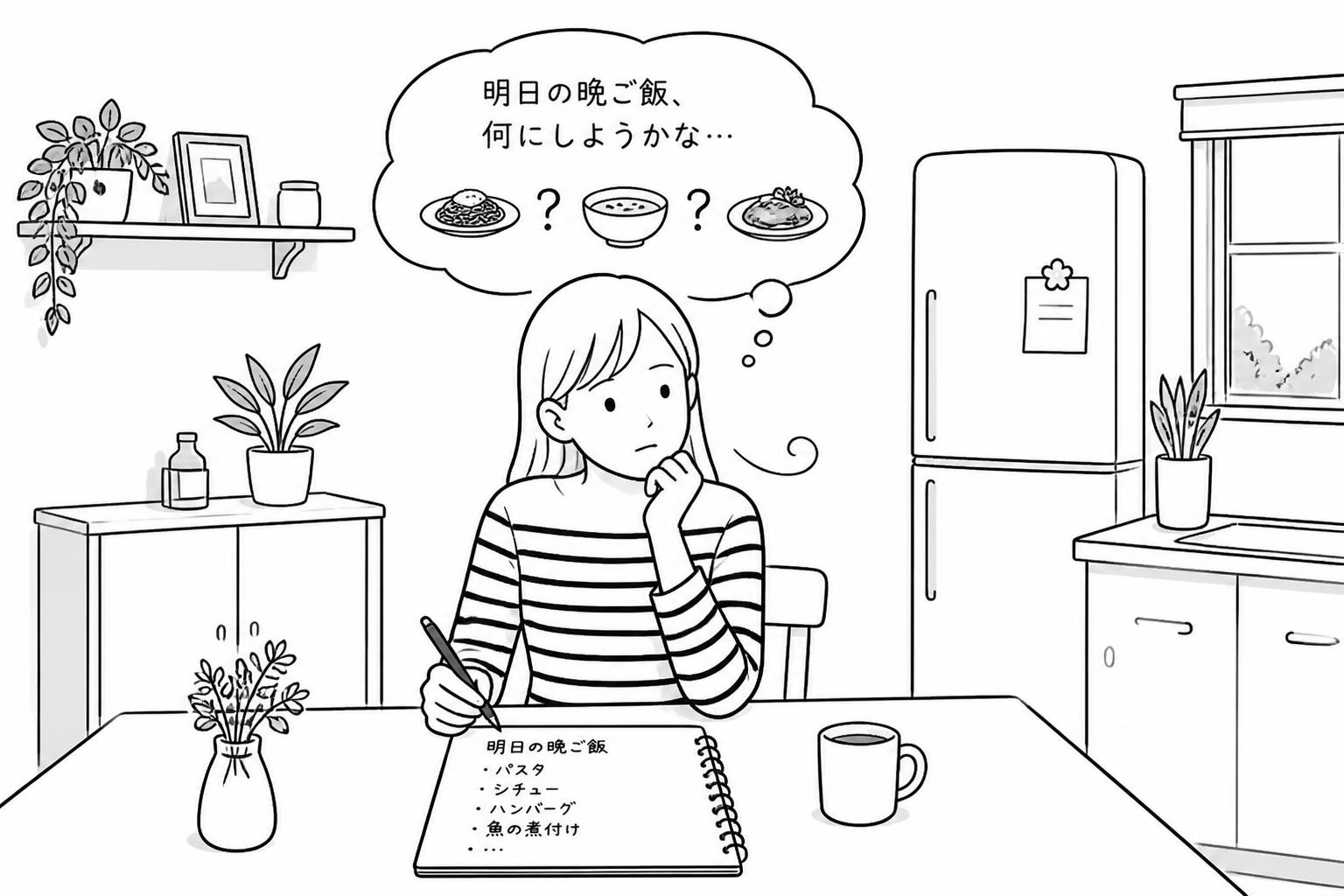 明日の晩御飯について悩んでいる女の子