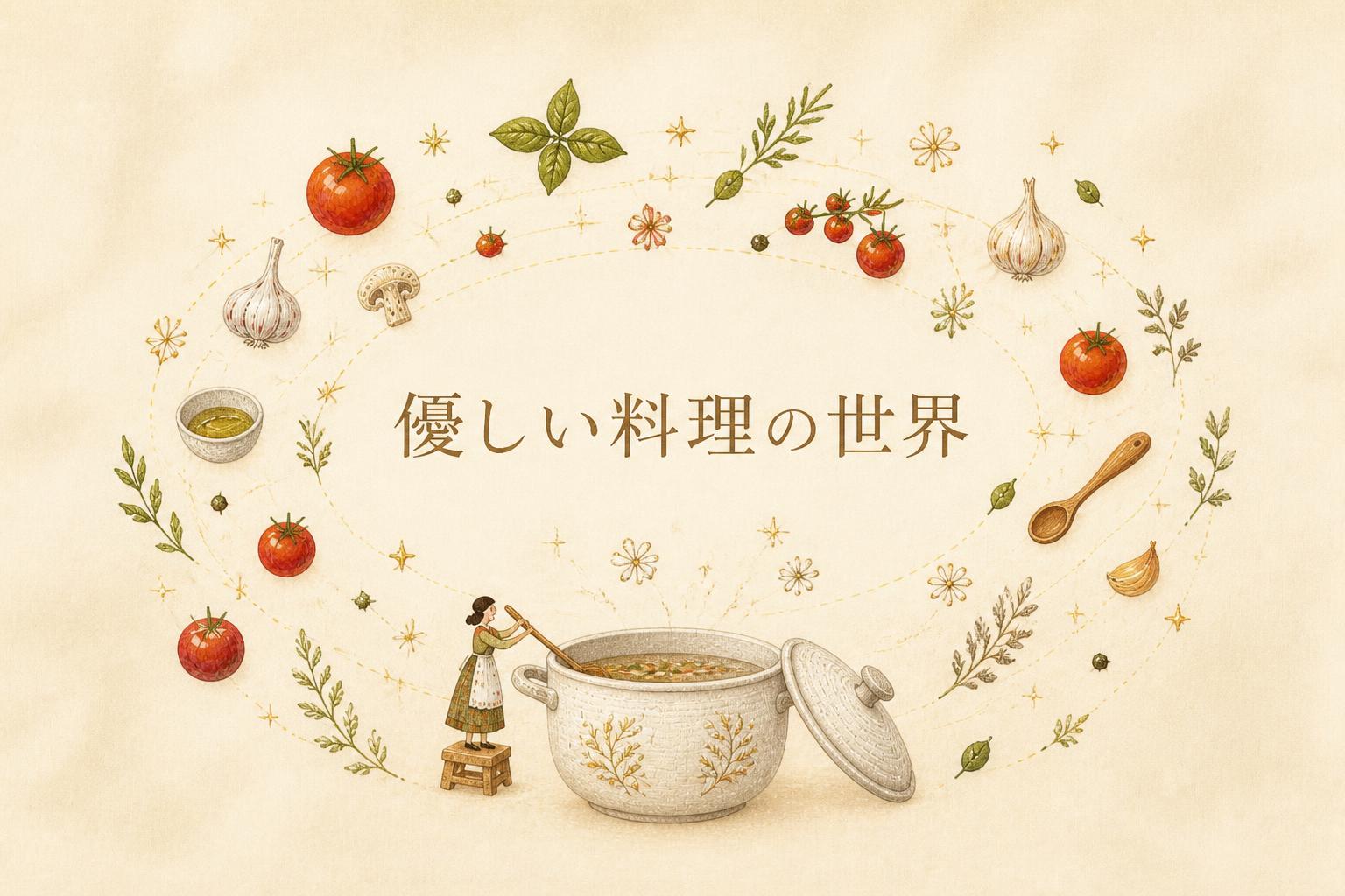 中央に宋朝体で「優しい料理の世界」とキャンプション。それ以外のテキストは無し。