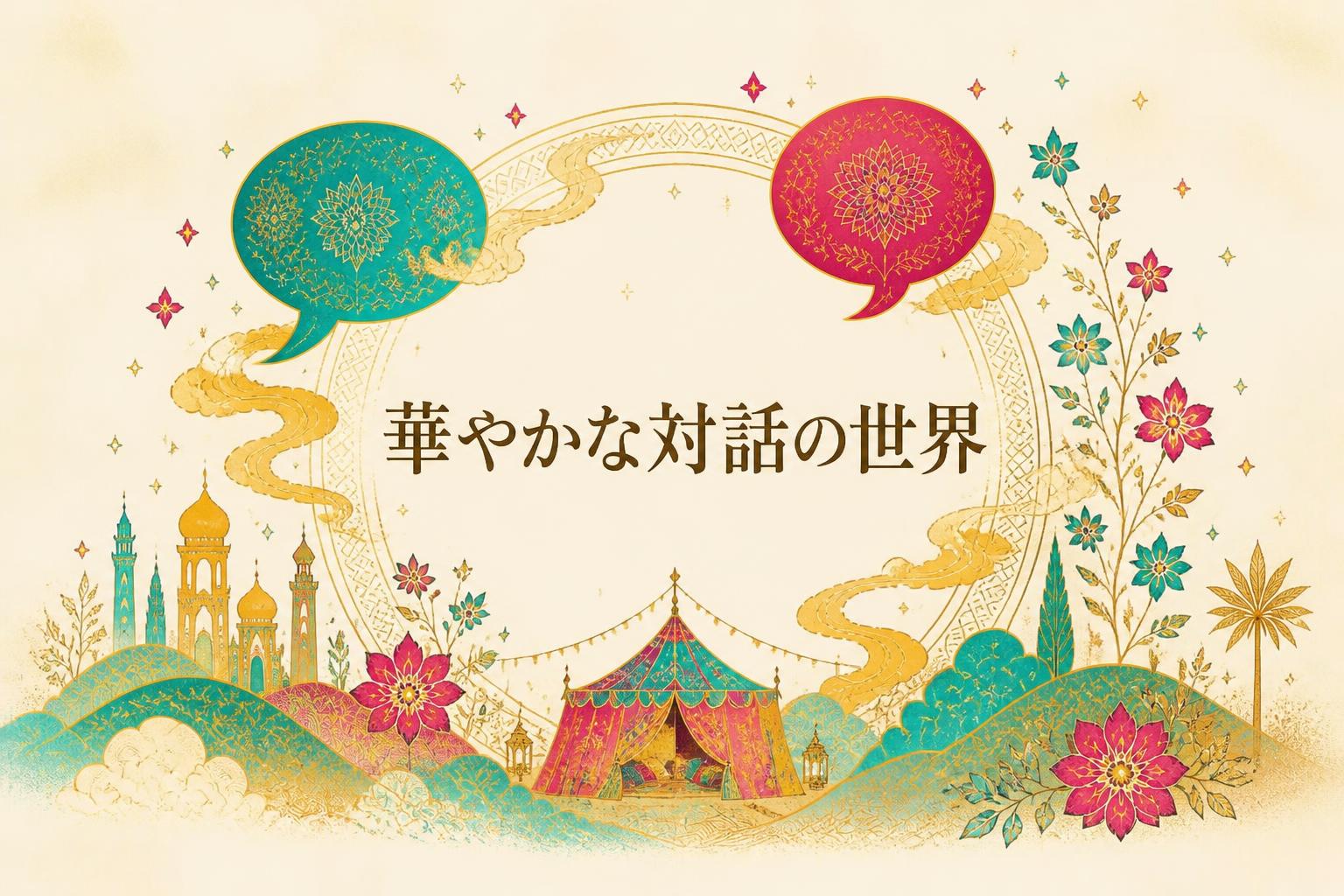 中央に明朝体で「華やかな対話の世界」とキャンプション。それ以外のテキストは無し。