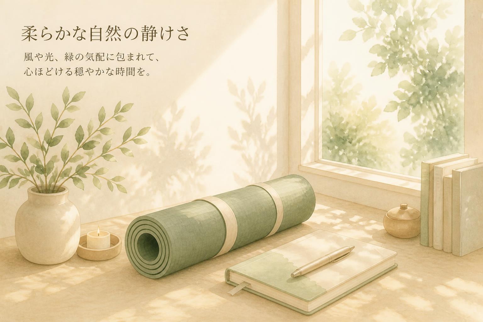 左上に明朝体で「柔らかな自然の静けさ」とキャンプション