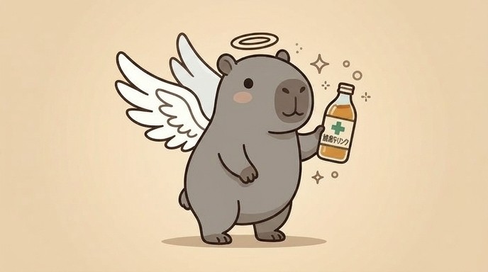 翼を授かって健康ドリンクを手に持っているカピバラさん