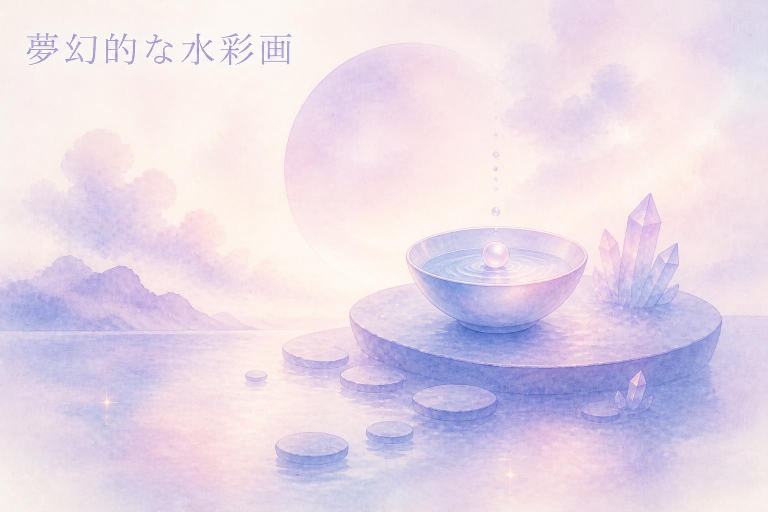 左上に明朝体で「夢幻的な水彩画」とキャンプション。それ以外のテキストは無し。