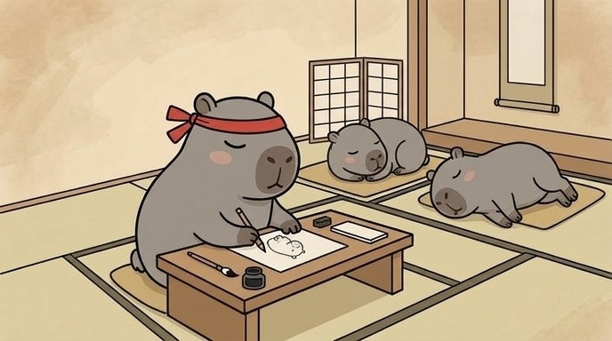 カピバラさんが机に向かって一生懸命何かを描いているところ。ハチマキしていて、和室で書いている。…