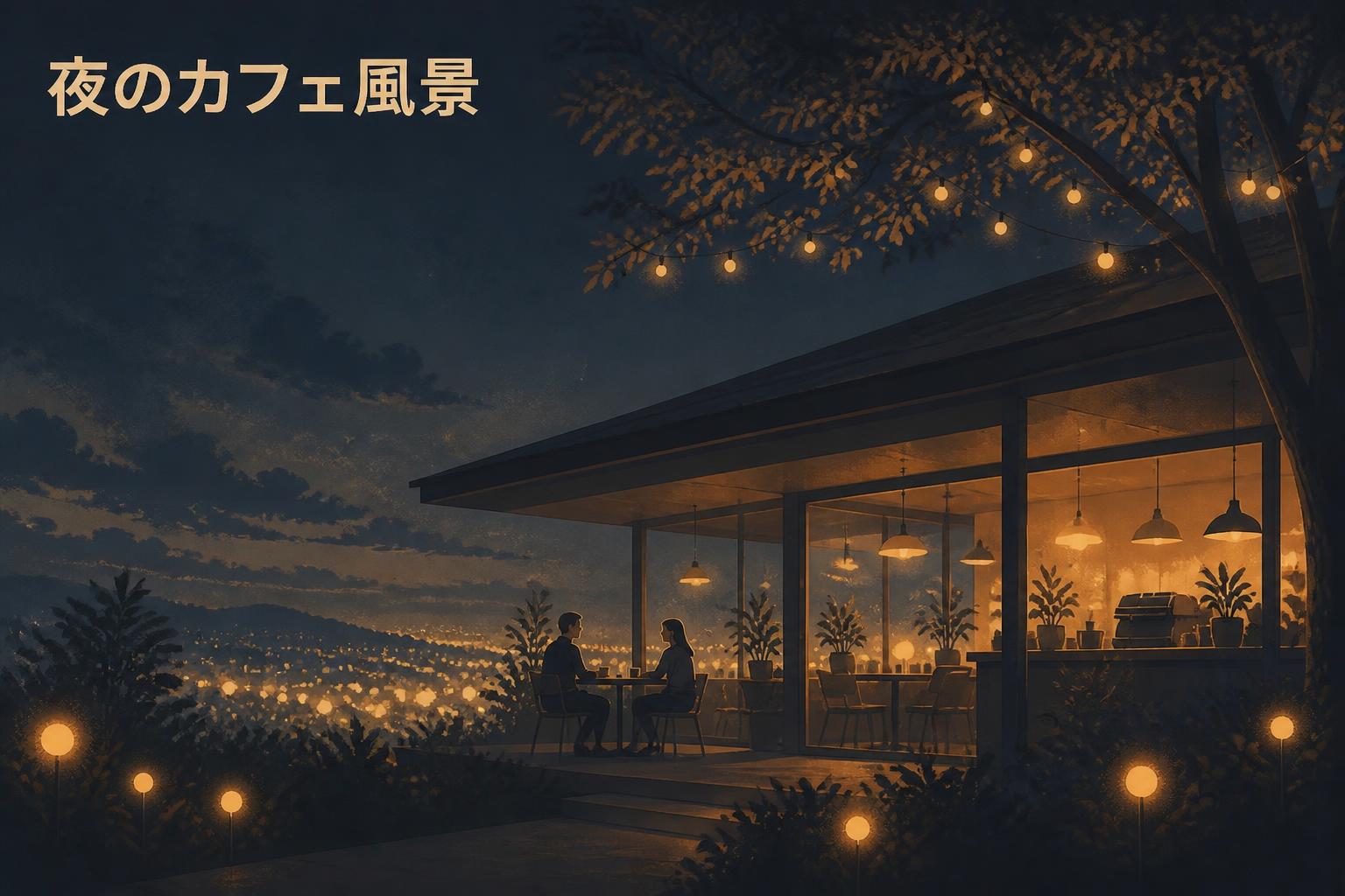 左上にゴシック体で「夜のカフェ風景」とキャンプション。それ以外のテキストは無し。