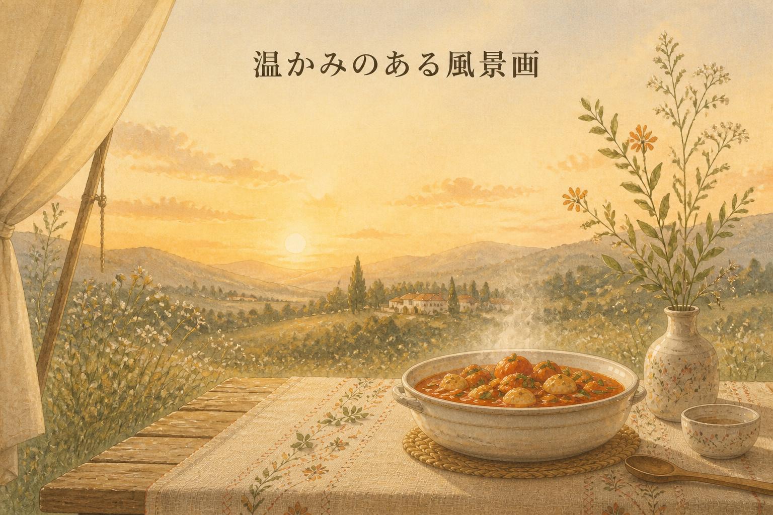 上中央に宋朝体で「温かみのある風景画」とキャンプション。それ以外のテキストは無し。