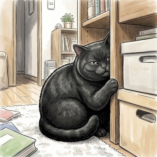 すみっこの方からこちらの様子を見る猫