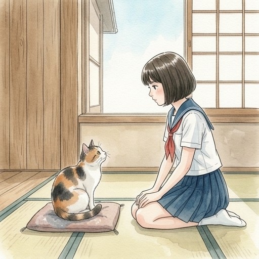女の子と三毛猫