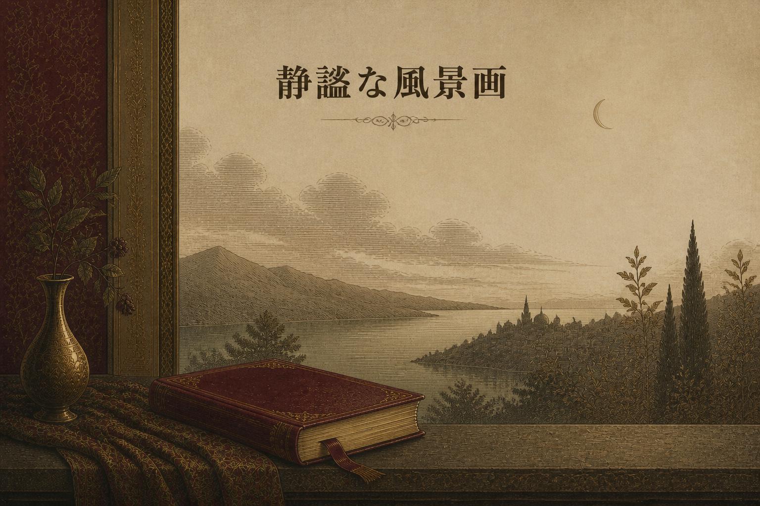 上中央にゴシック体で「静謐な風景画」とキャンプション。それ以外のテキストは無し。