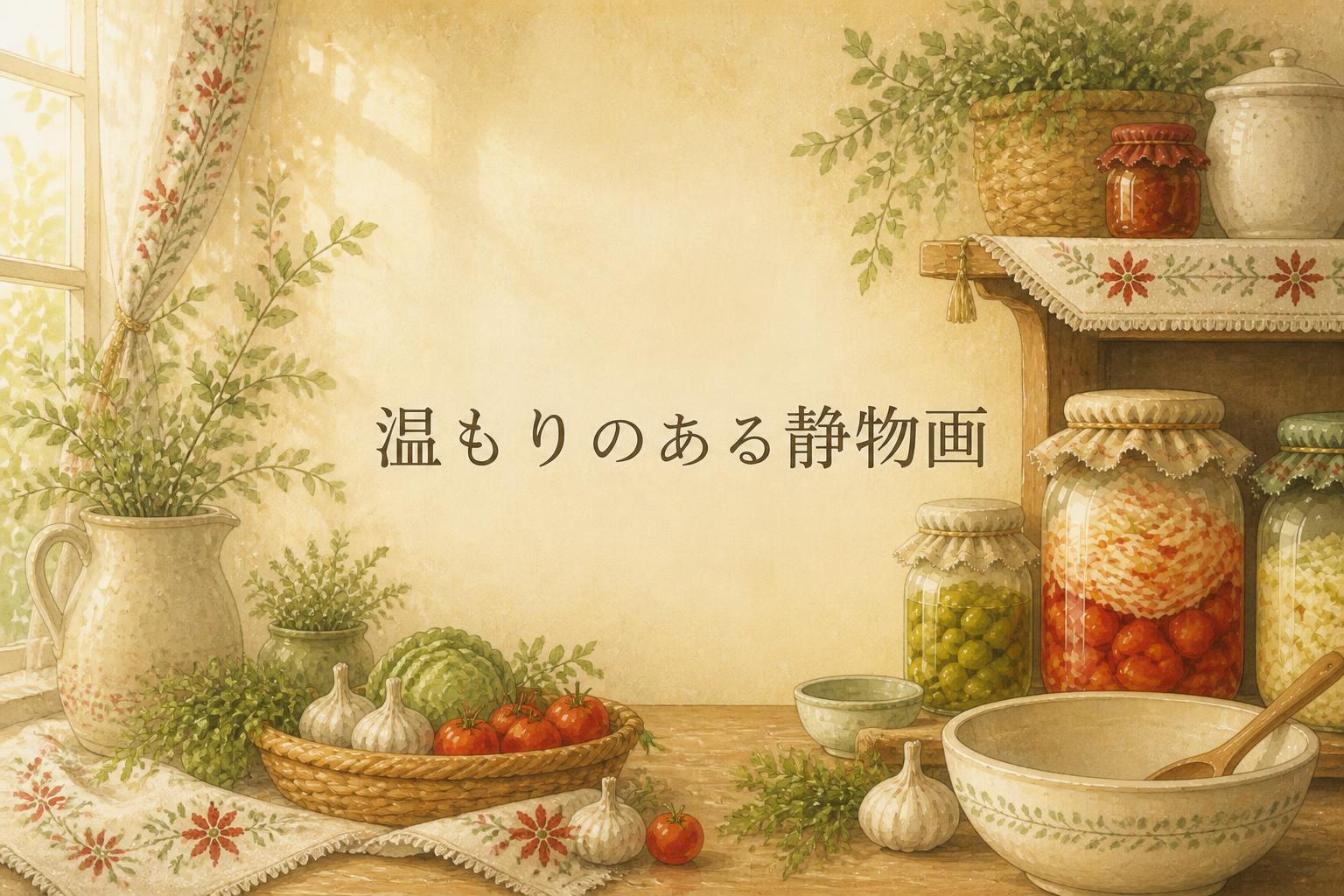 中央に宋朝体で「温もりのある静物画」とキャンプション。それ以外のテキストは無し。