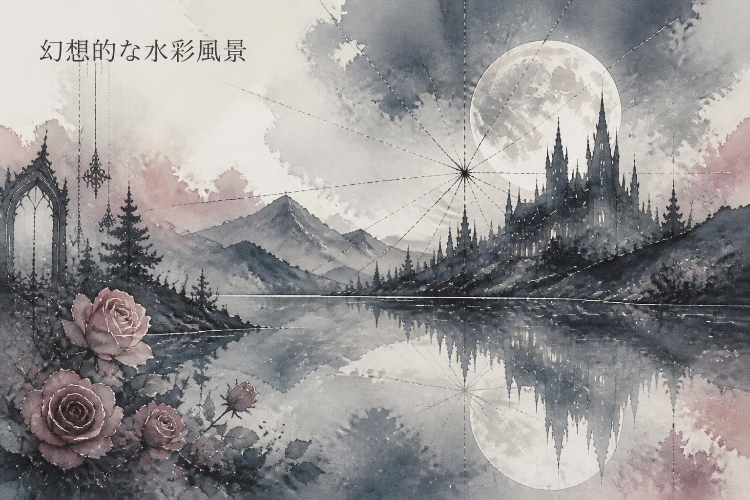 左上に明朝体で「幻想的な水彩風景」とキャンプション。それ以外のテキストは無し。
