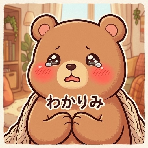 目がうるうる共感、画面中心中央にテキスト『わかりみ』