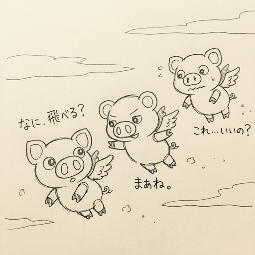 ぶたが空を飛んでいる。3匹ぐらい