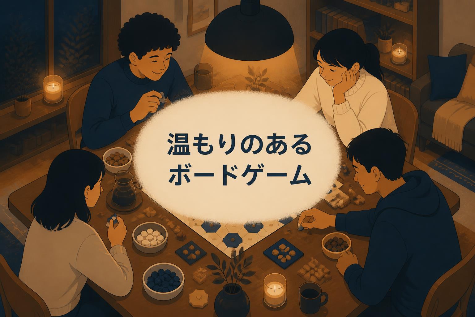 中央にゴシック体で「温もりのあるボードゲーム」とキャンプション。それ以外のテキストは無し。