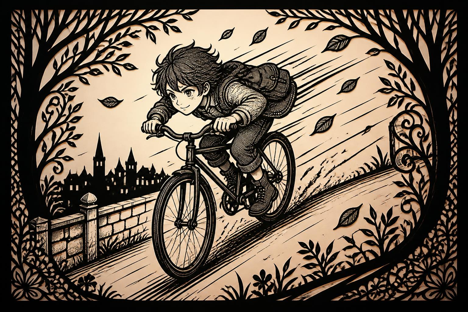 自転車に乗って坂道を下っている