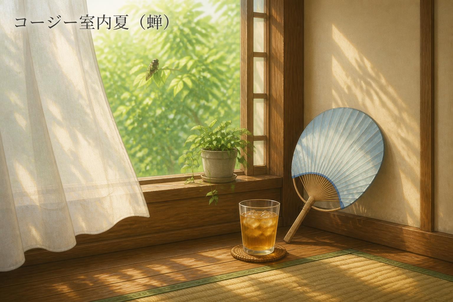 左上に明朝体で「コージー室内夏（蝉）」とキャンプション。それ以外のテキストは無し。
