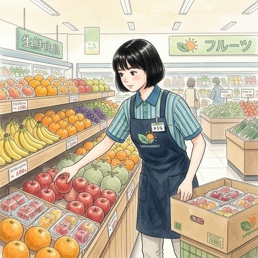 テキパキと生鮮食品のフルーツコーナーの売り場づくりをする女の子