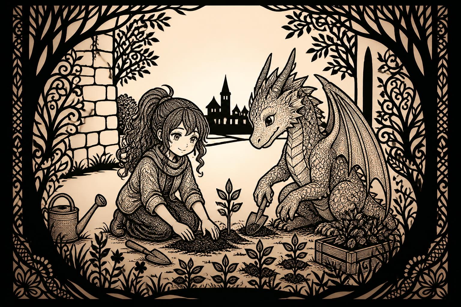女の子と竜が草を植えている