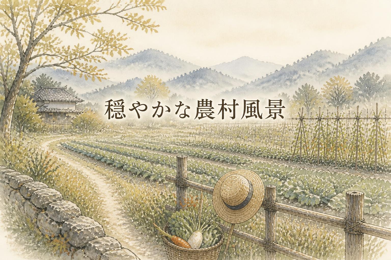 中央に明朝体で「穏やかな農村風景」とキャンプション。それ以外のテキストは無し。