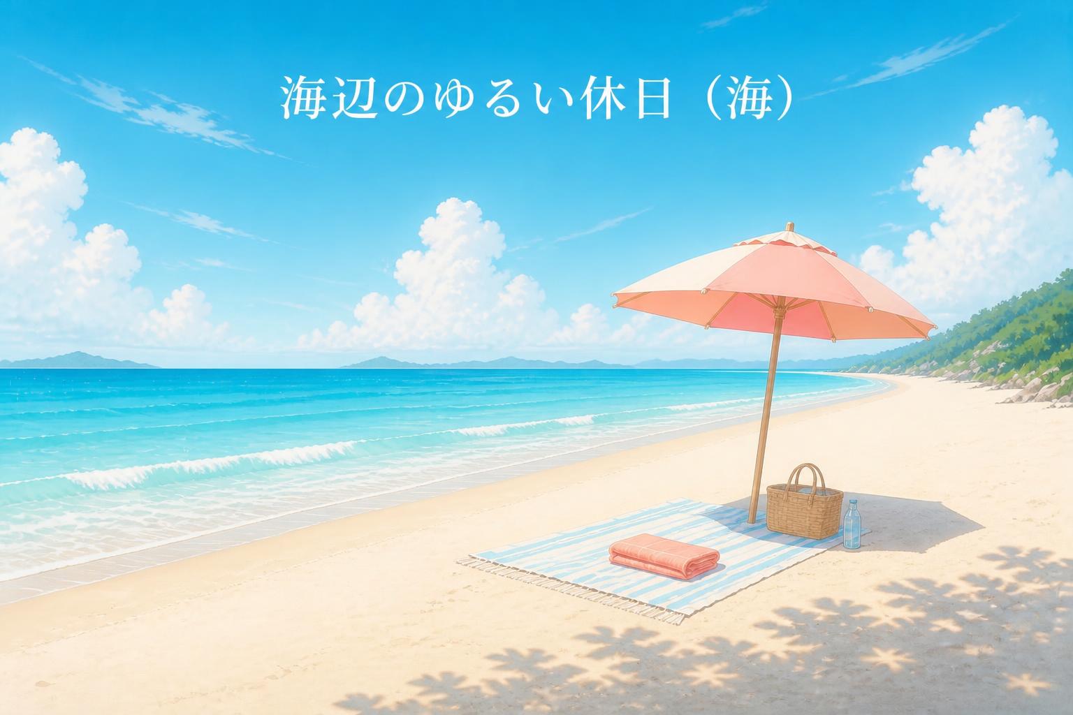 上中央に宋朝体で「海辺のゆるい休日（海）」とキャンプション。それ以外のテキストは無し。