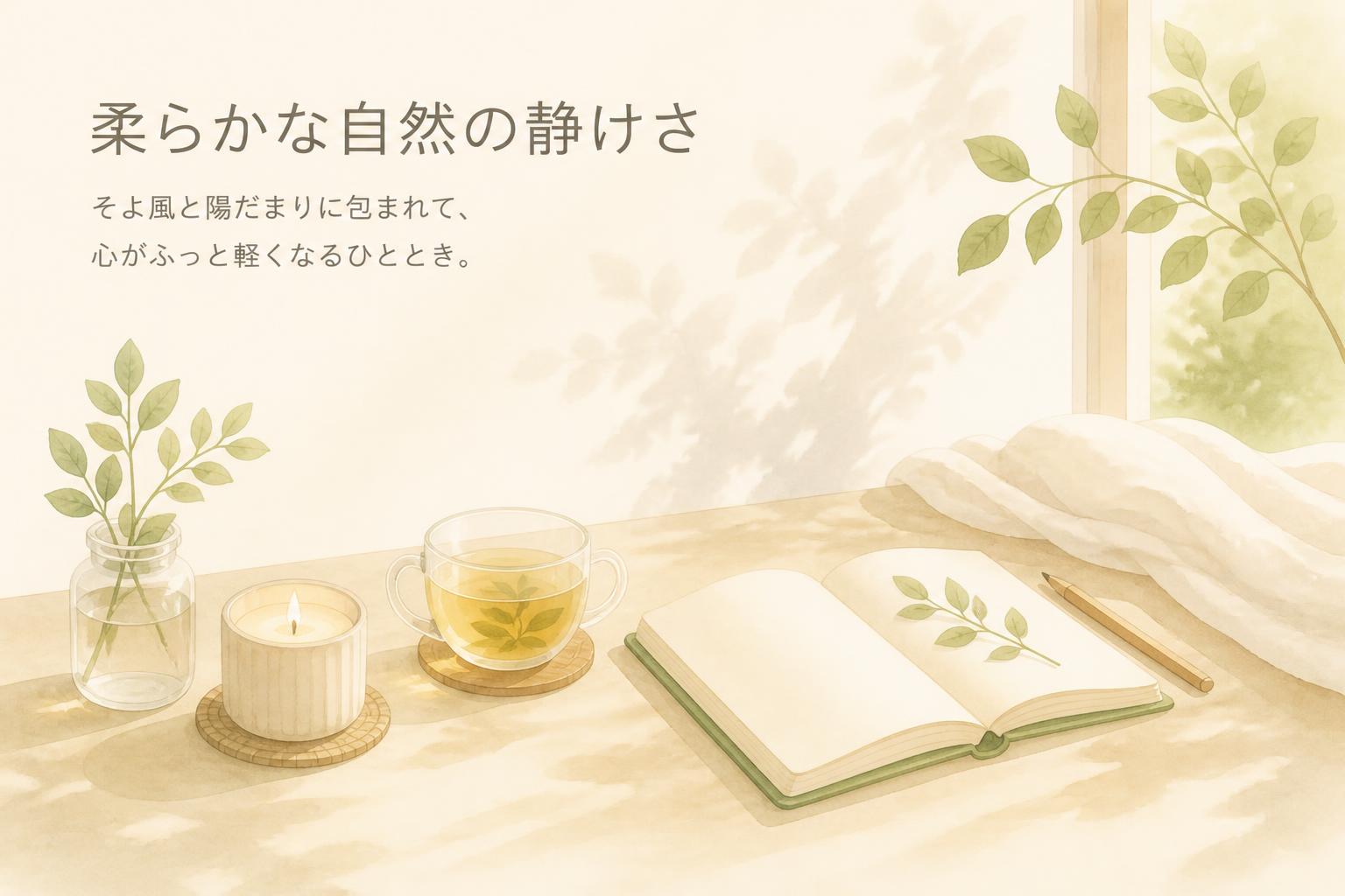 左上にゴシック体で「柔らかな自然の静けさ」とキャンプション