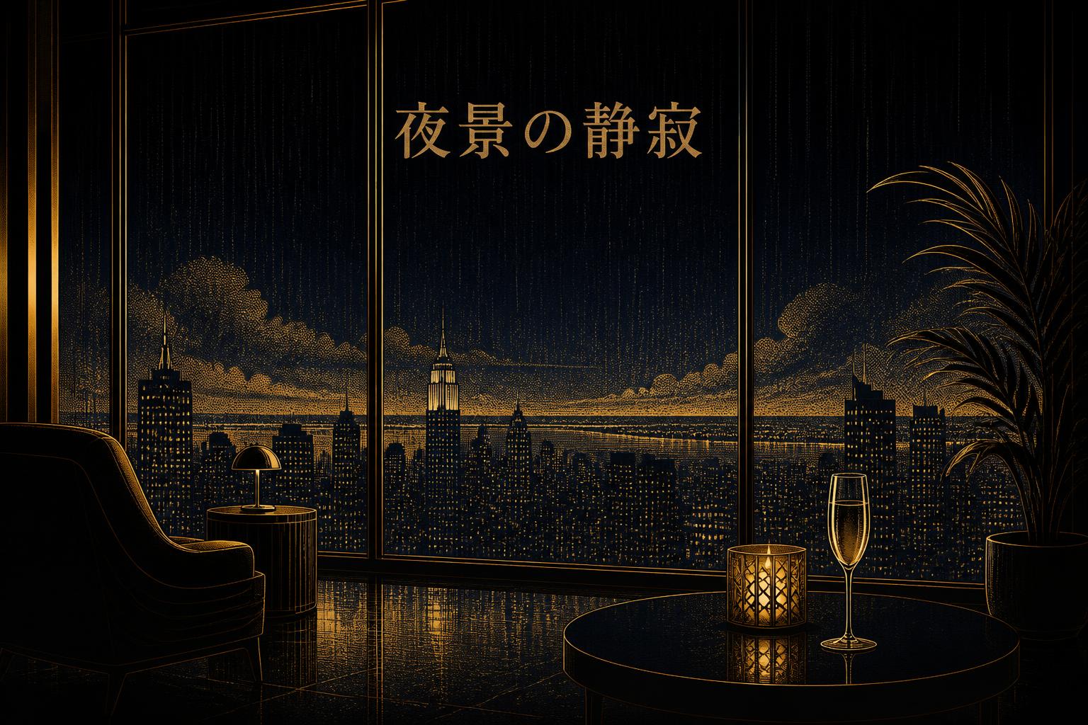 上中央に宋朝体で「夜景の静寂」とキャンプション。それ以外のテキストは無し。