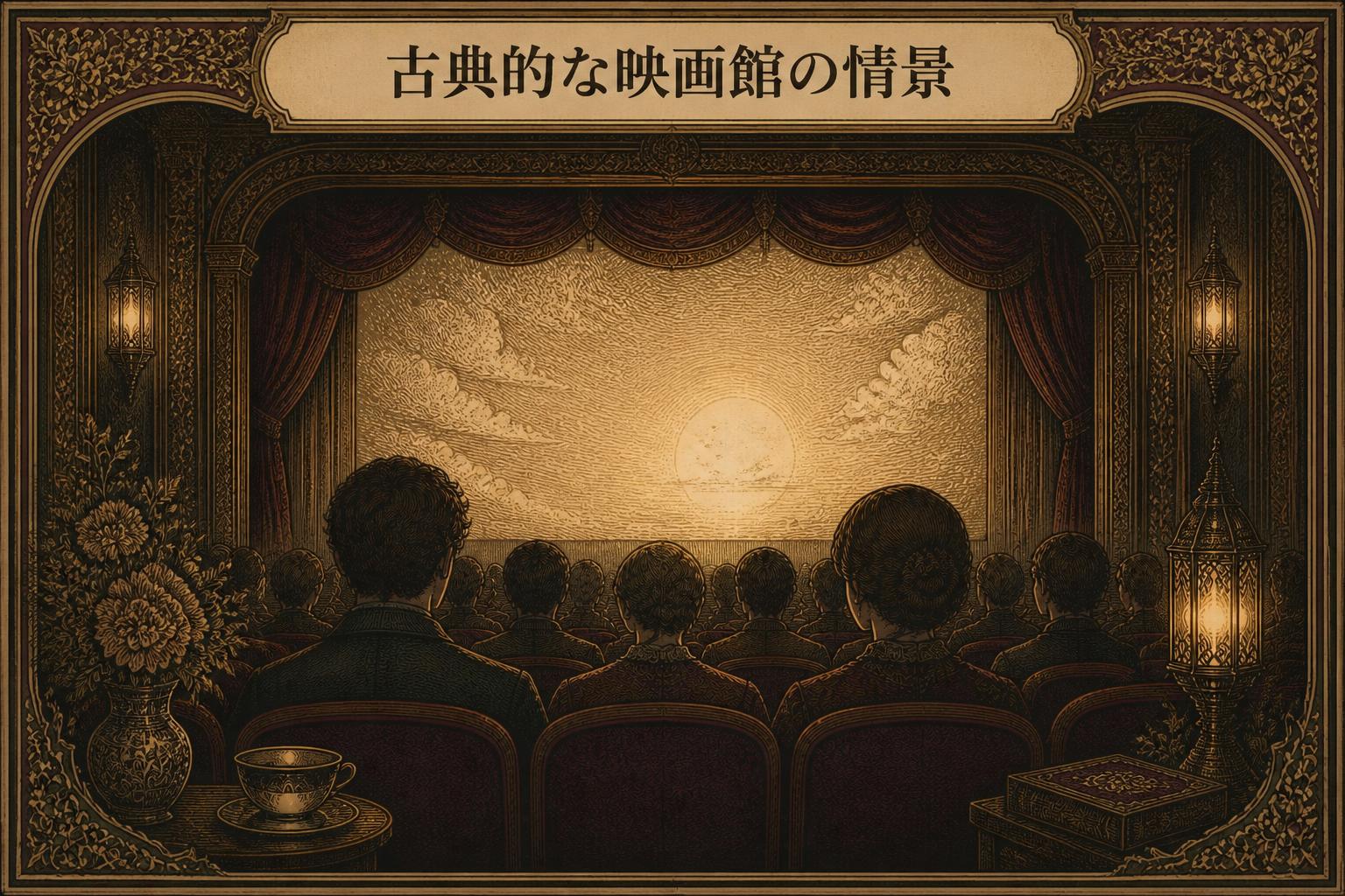 上中央に明朝体で「古典的な映画館の情景」とキャンプション。それ以外のテキストは無し。