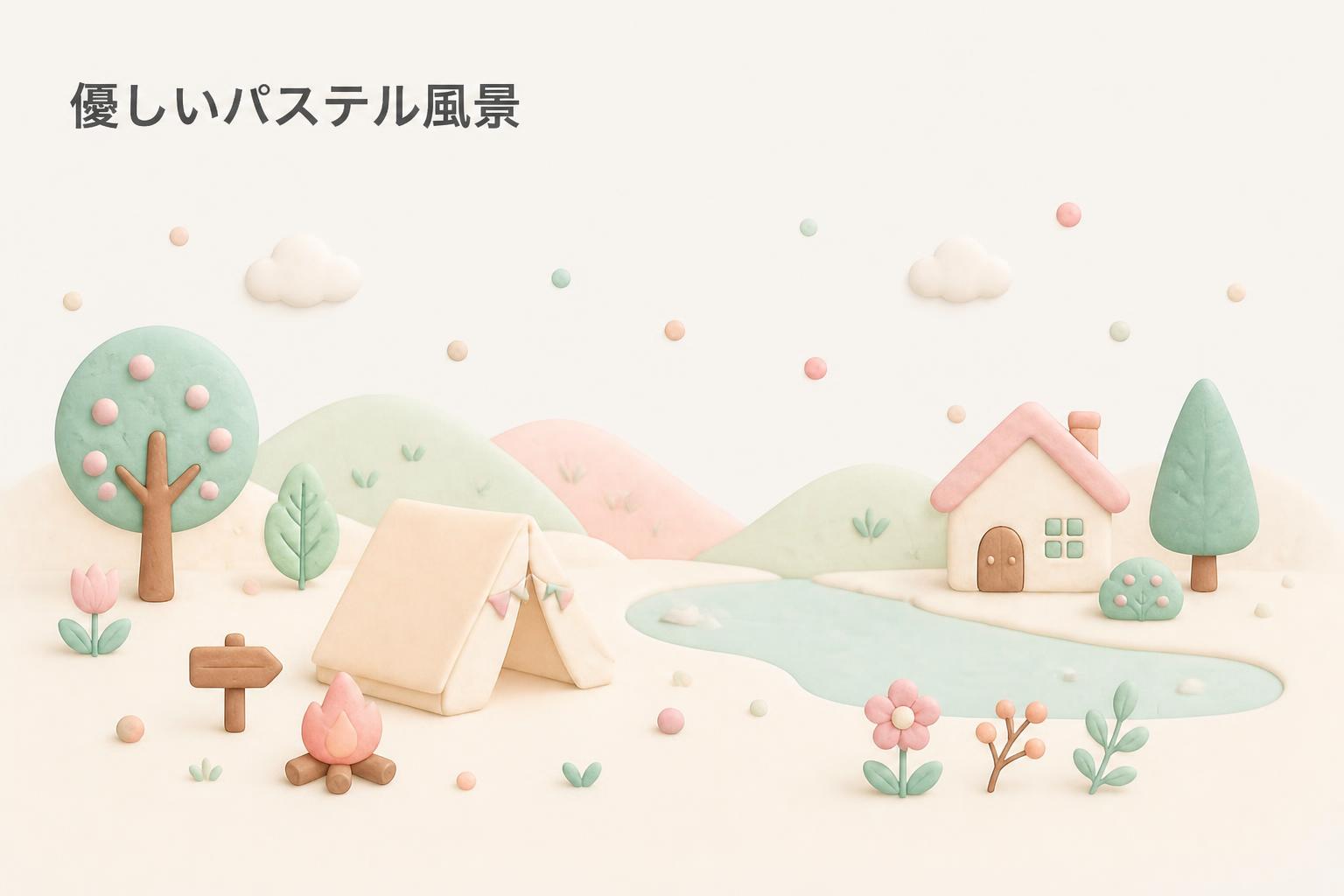 左上にゴシック体で「優しいパステル風景」とキャンプション。それ以外のテキストは無し。