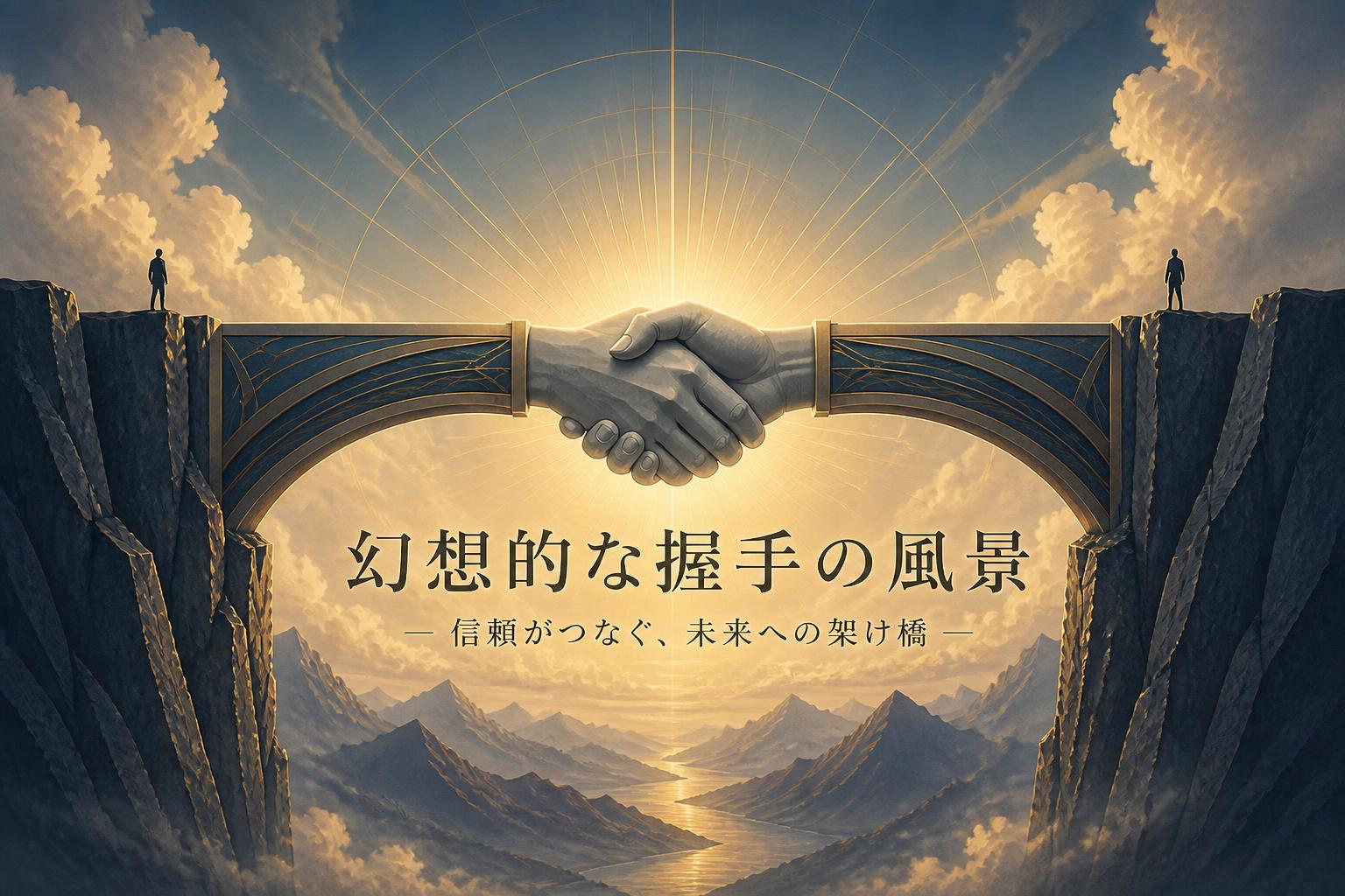 中央に明朝体で「幻想的な握手の風景」とキャンプション