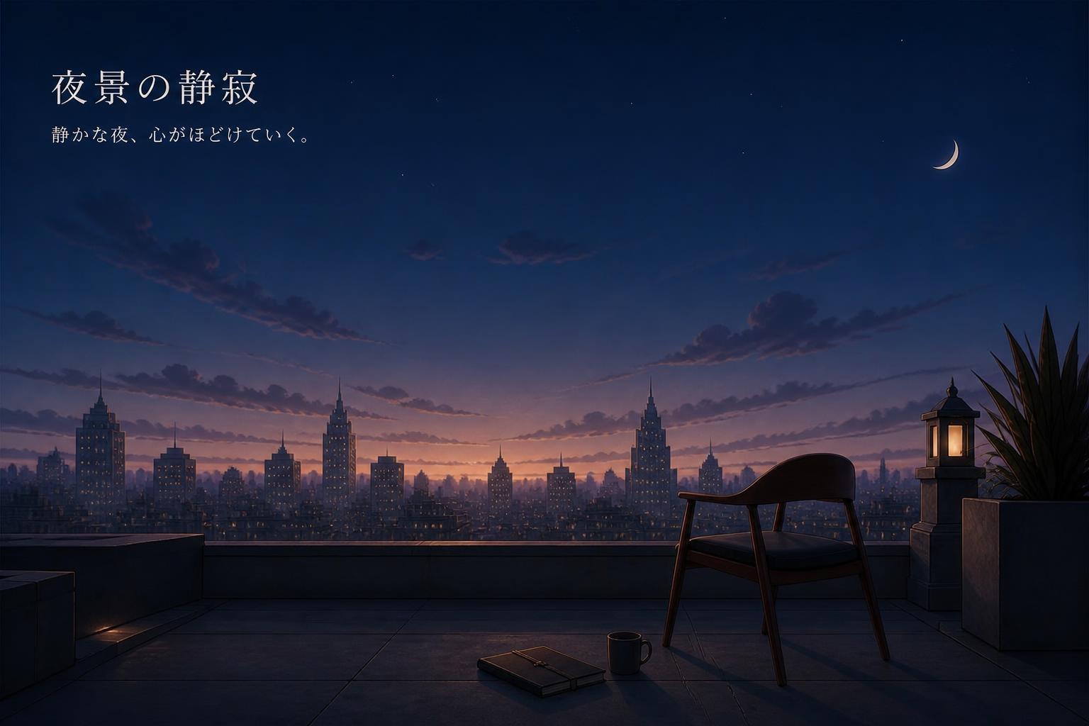 左上に明朝体で「夜景の静寂」とキャンプション